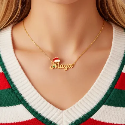 Personalized Name Santa Hat with Round Birthstone Christmas Necklace