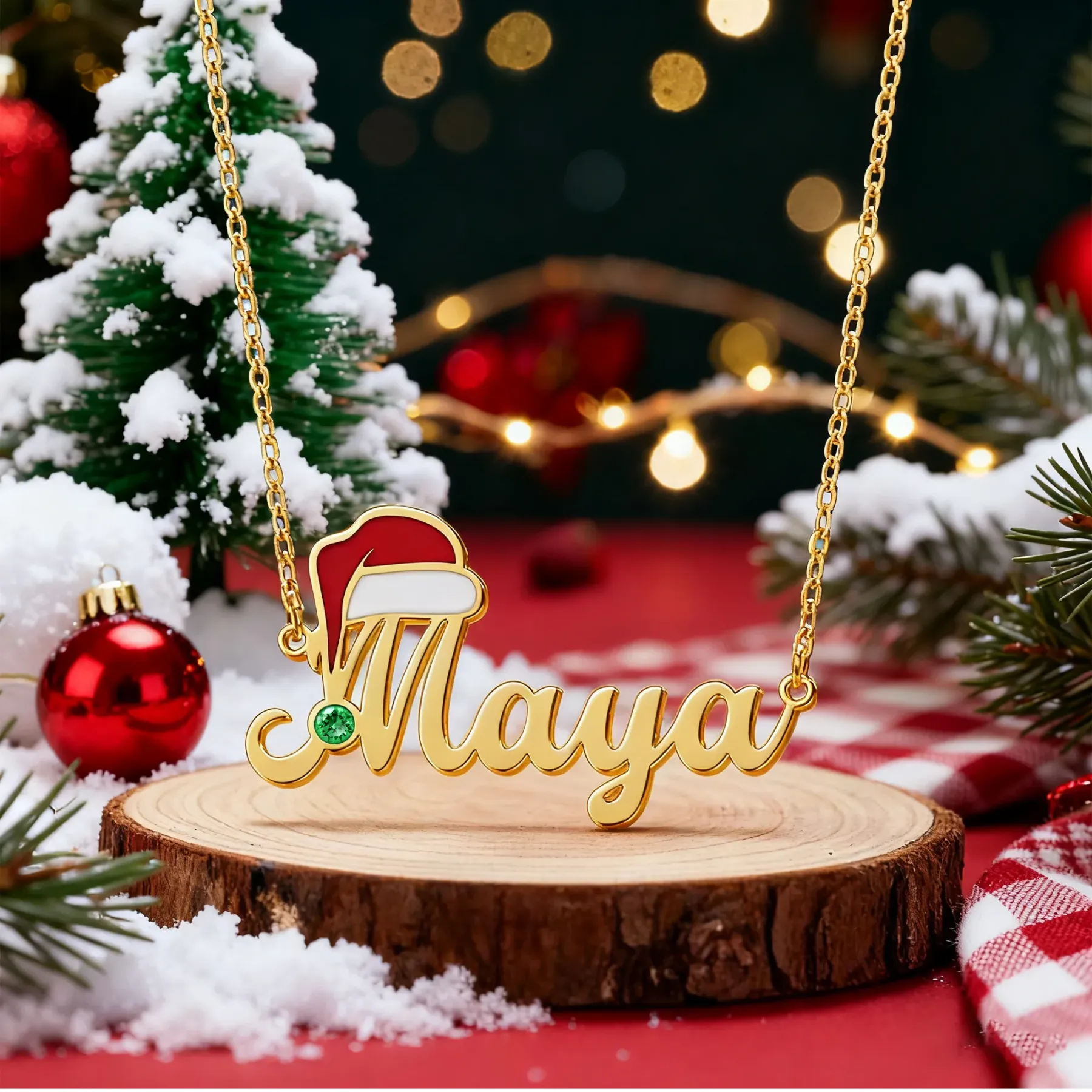 Personalized Name Santa Hat with Round Birthstone Christmas Necklace