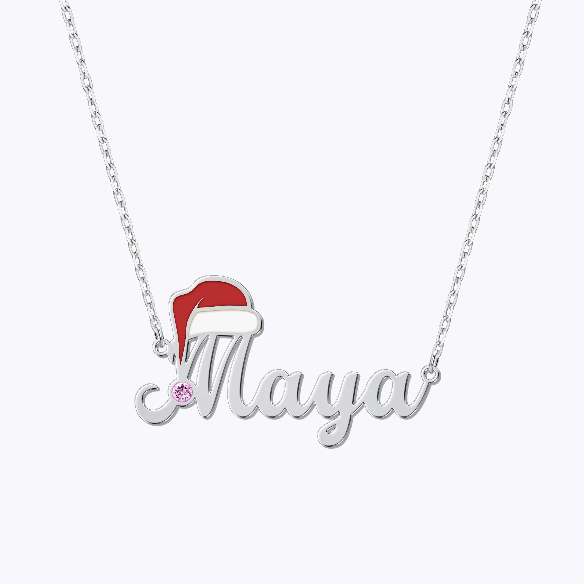 Personalized Name Santa Hat with Round Birthstone Christmas Necklace