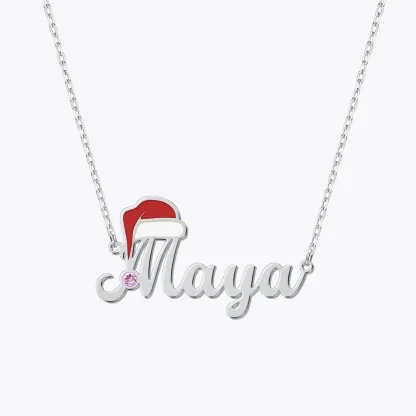 Personalized Name Santa Hat with Round Birthstone Christmas Necklace