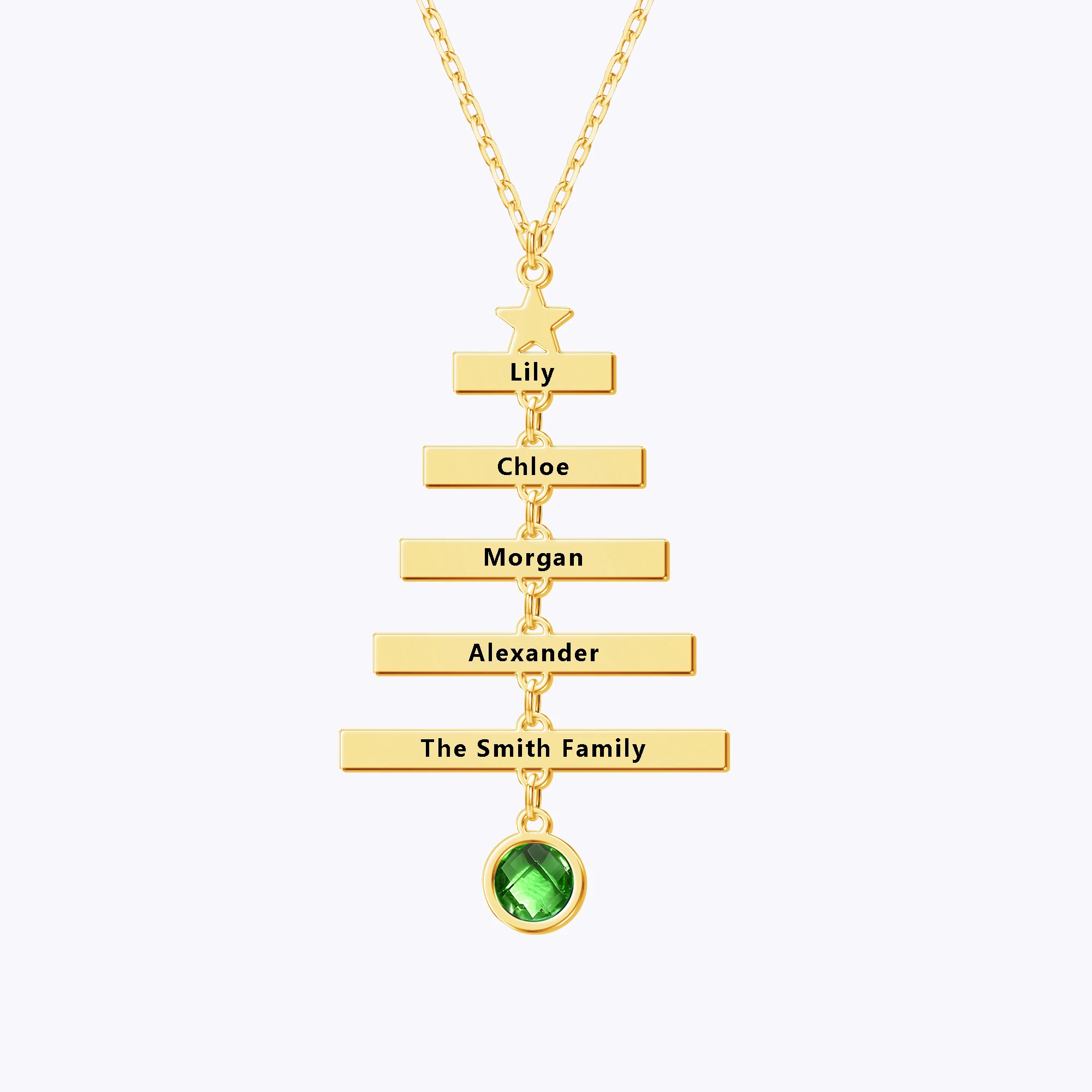 Custom Family Name Christmas Tree with Round Birthstone Necklace