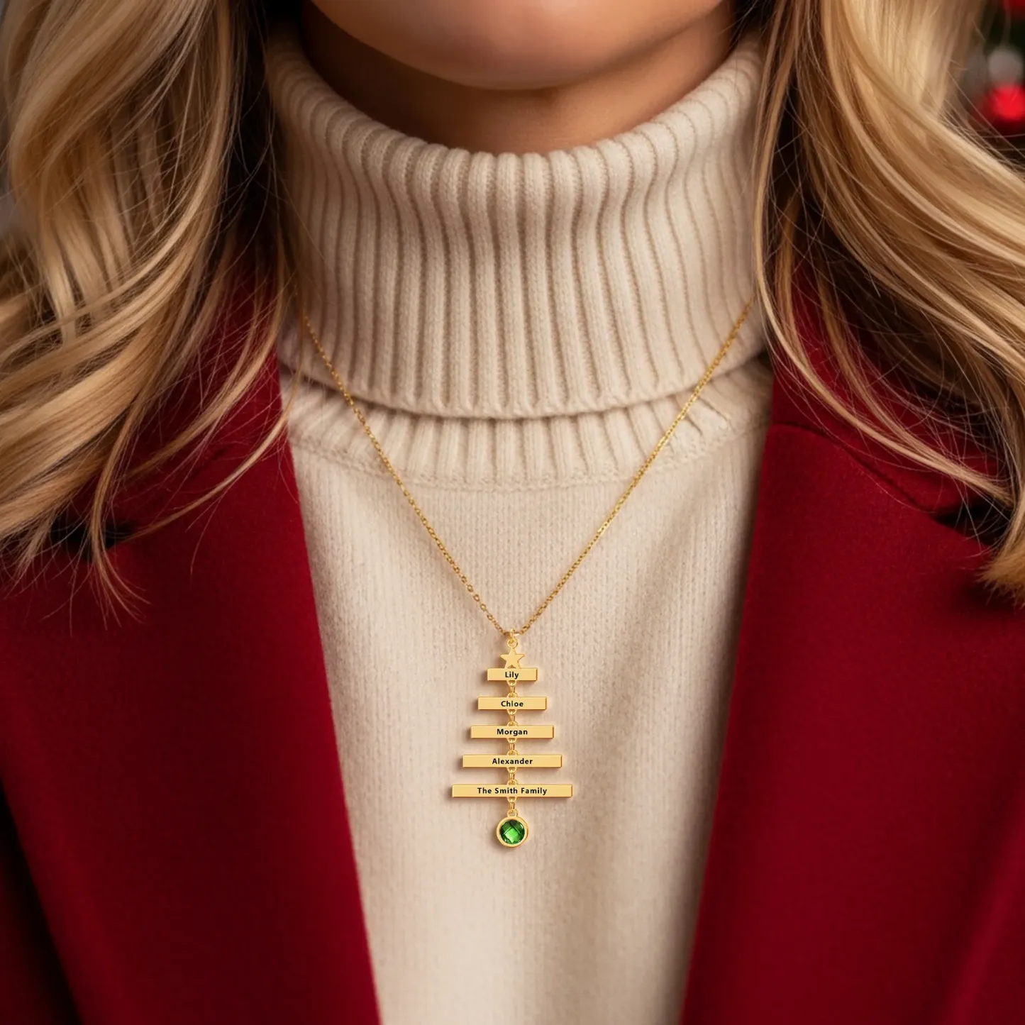 Custom Family Name Christmas Tree with Round Birthstone Necklace