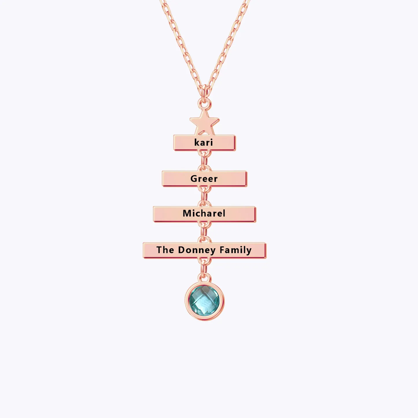 Custom Family Name Christmas Tree with Round Birthstone Necklace