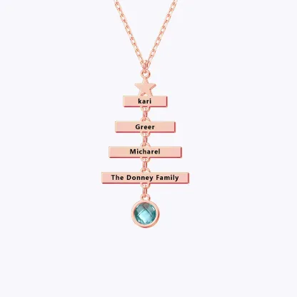 Custom Family Name Christmas Tree with Round Birthstone Necklace