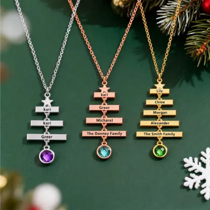 Custom Family Name Christmas Tree with Round Birthstone Necklace