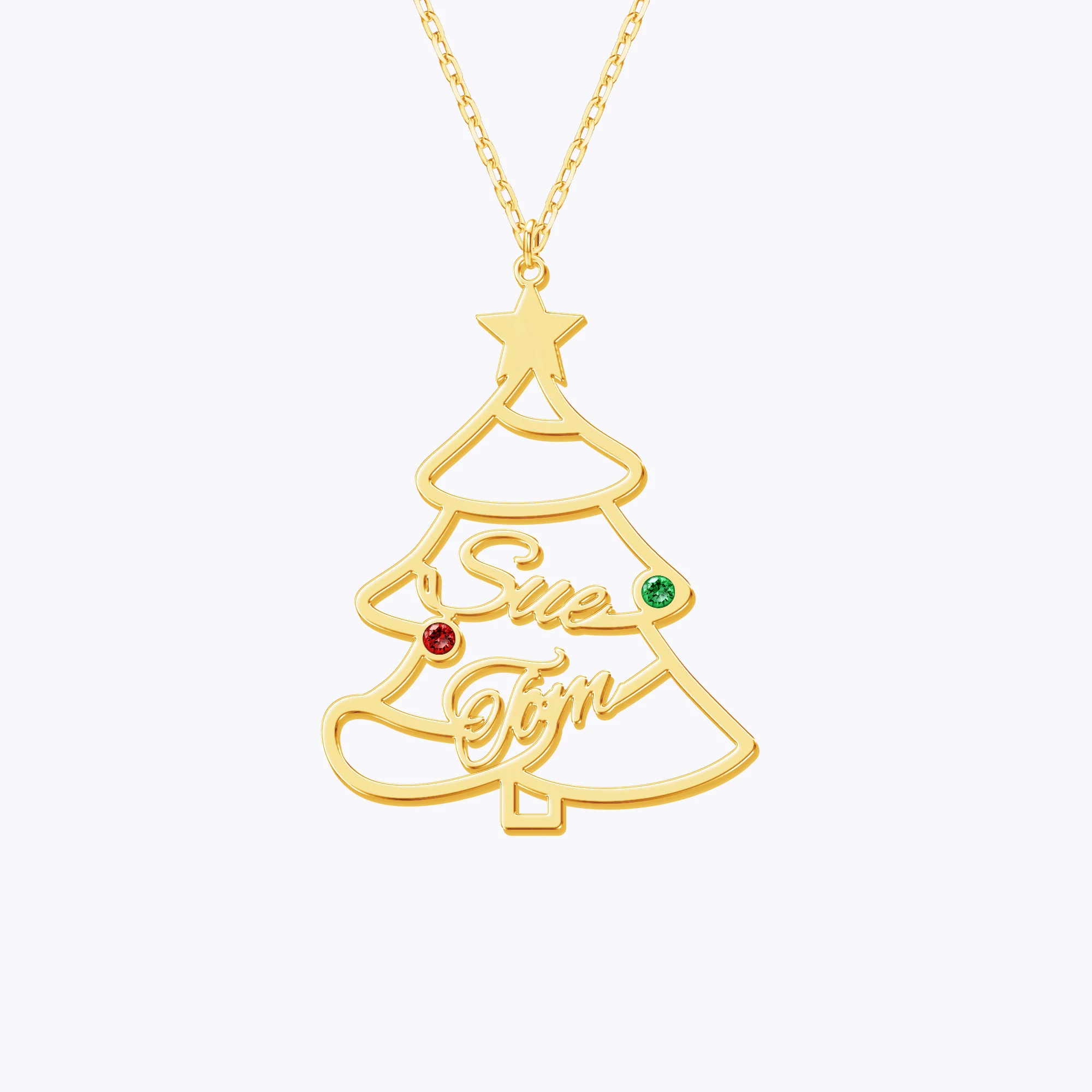 Custom 1-5 Name with Round Birthstone Christmas Tree Necklace