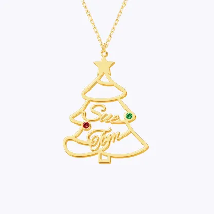 Custom 1-5 Name with Round Birthstone Christmas Tree Necklace
