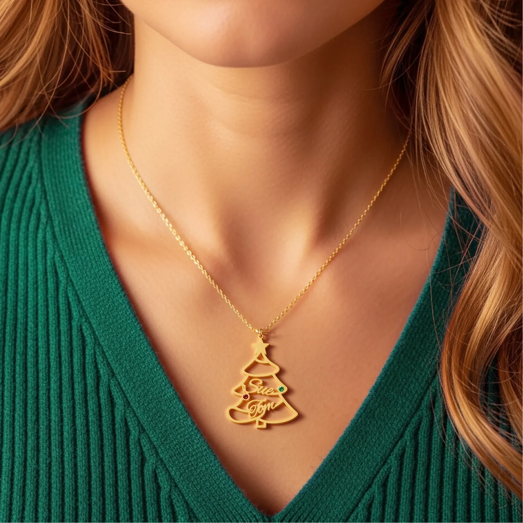 Custom 1-5 Name with Round Birthstone Christmas Tree Necklace