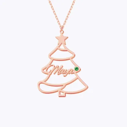 Custom 1-5 Name with Round Birthstone Christmas Tree Necklace
