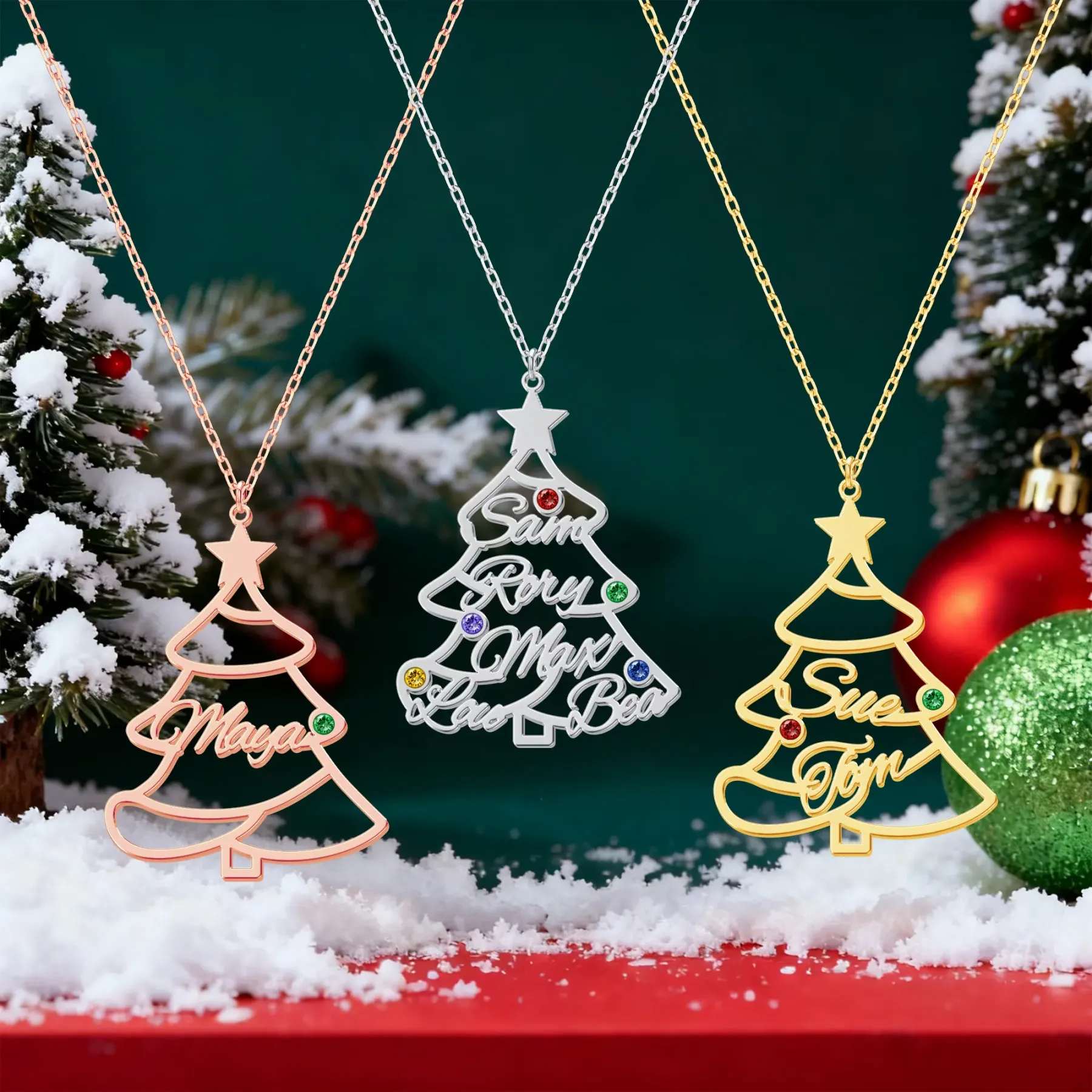 Custom 1-5 Name with Round Birthstone Christmas Tree Necklace
