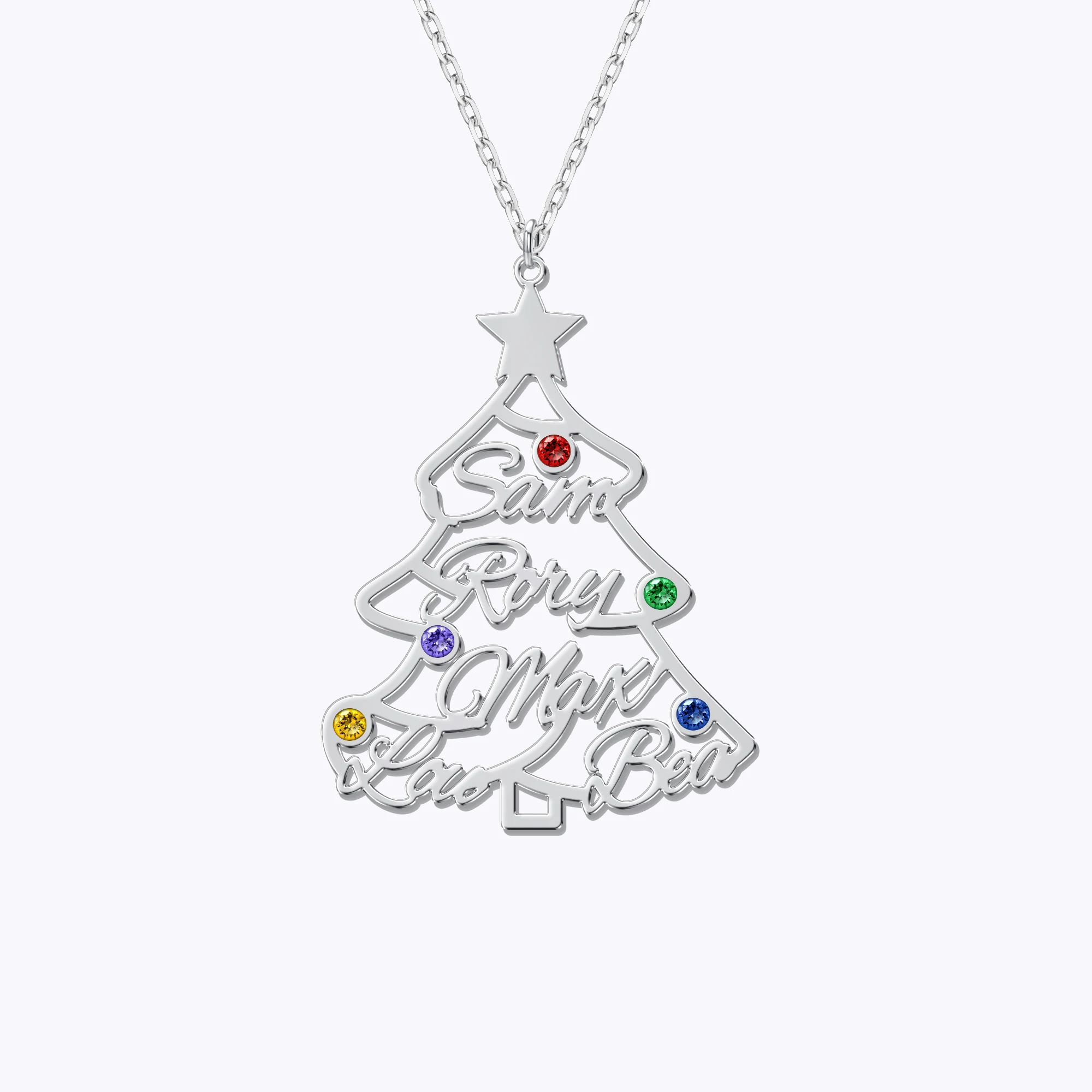 Custom 1-5 Name with Round Birthstone Christmas Tree Necklace