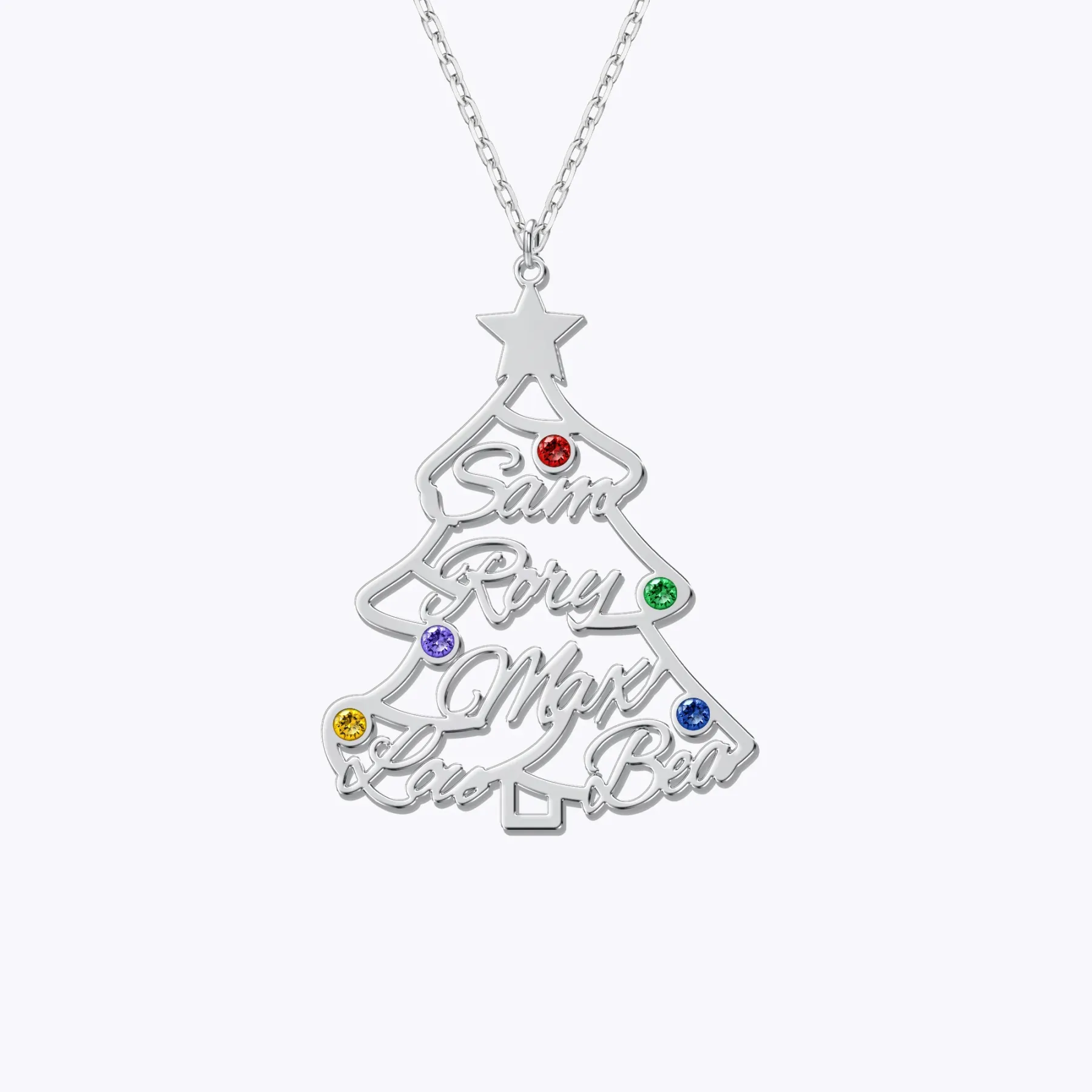 Custom 1-5 Name with Round Birthstone Christmas Tree Necklace