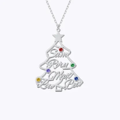 Custom 1-5 Name with Round Birthstone Christmas Tree Necklace