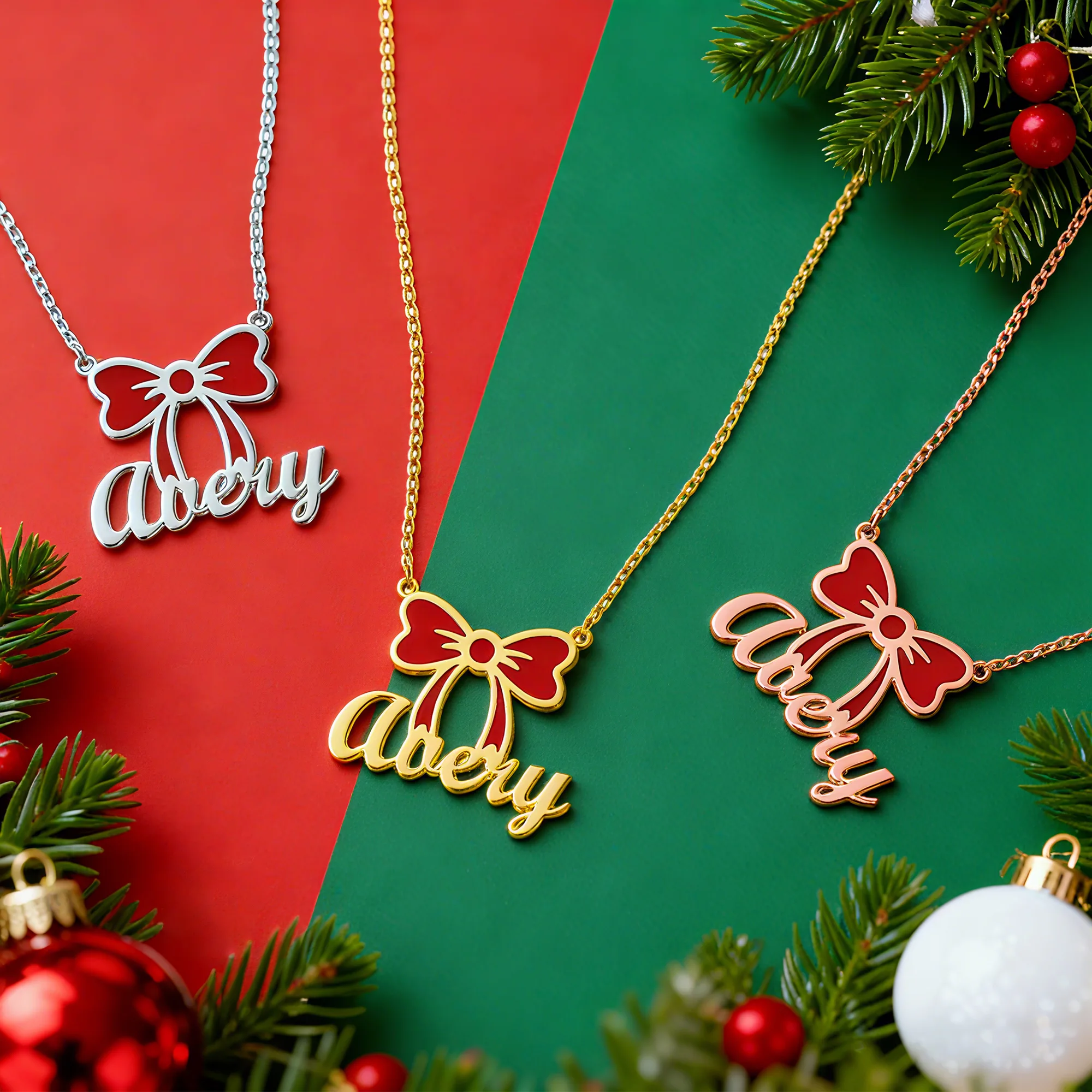 Personalized Name Bow Christmas Necklace