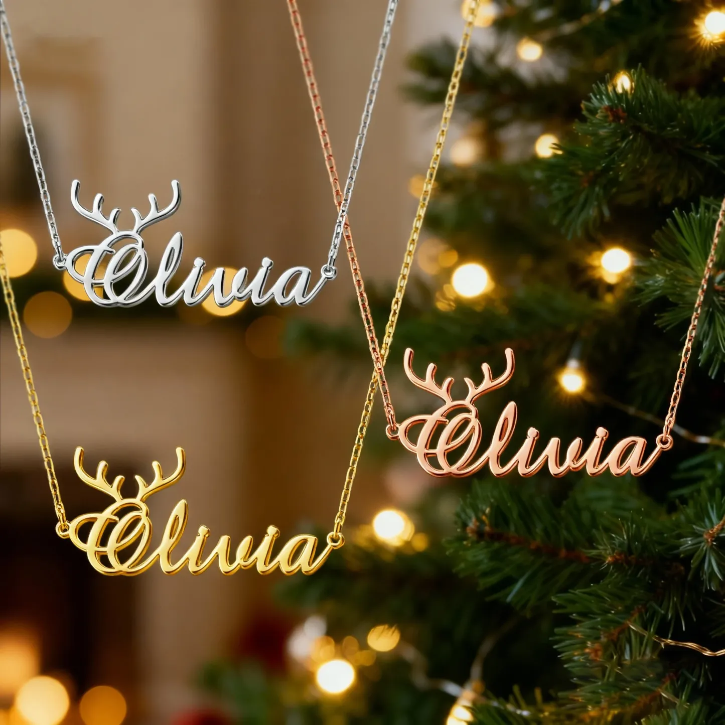 Personalized Name Deer Antlers Christmas Necklace