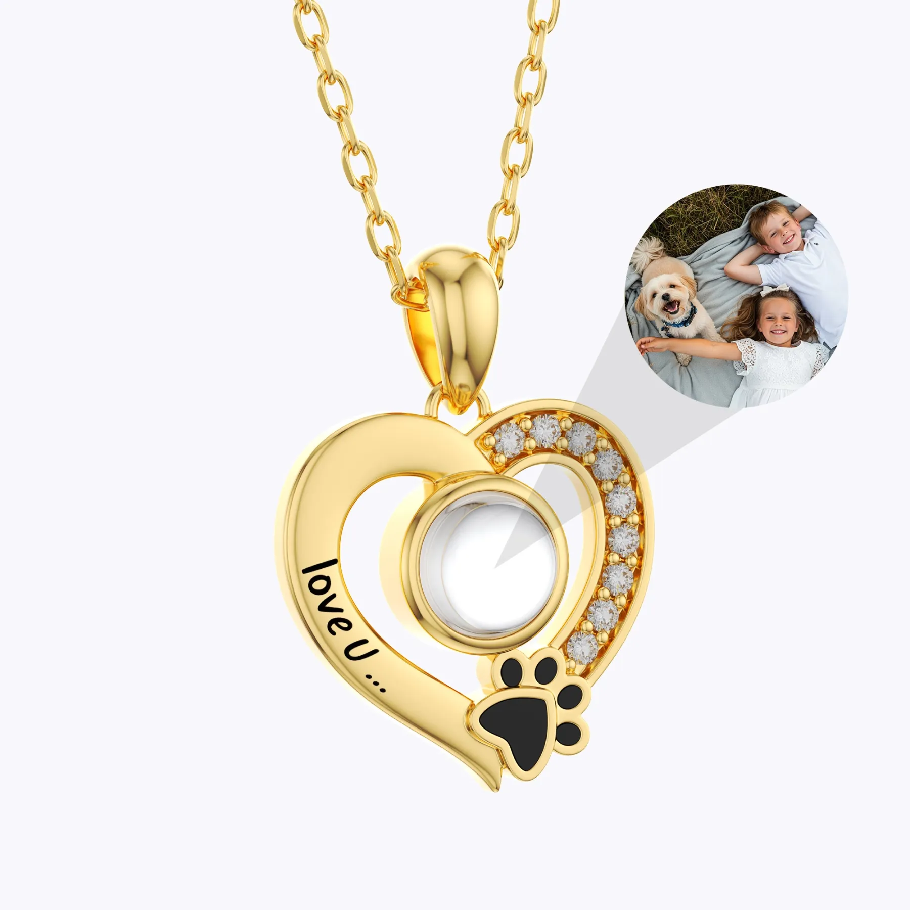 Custom Photo Projection Heart Shape Pet Paw Print Necklace