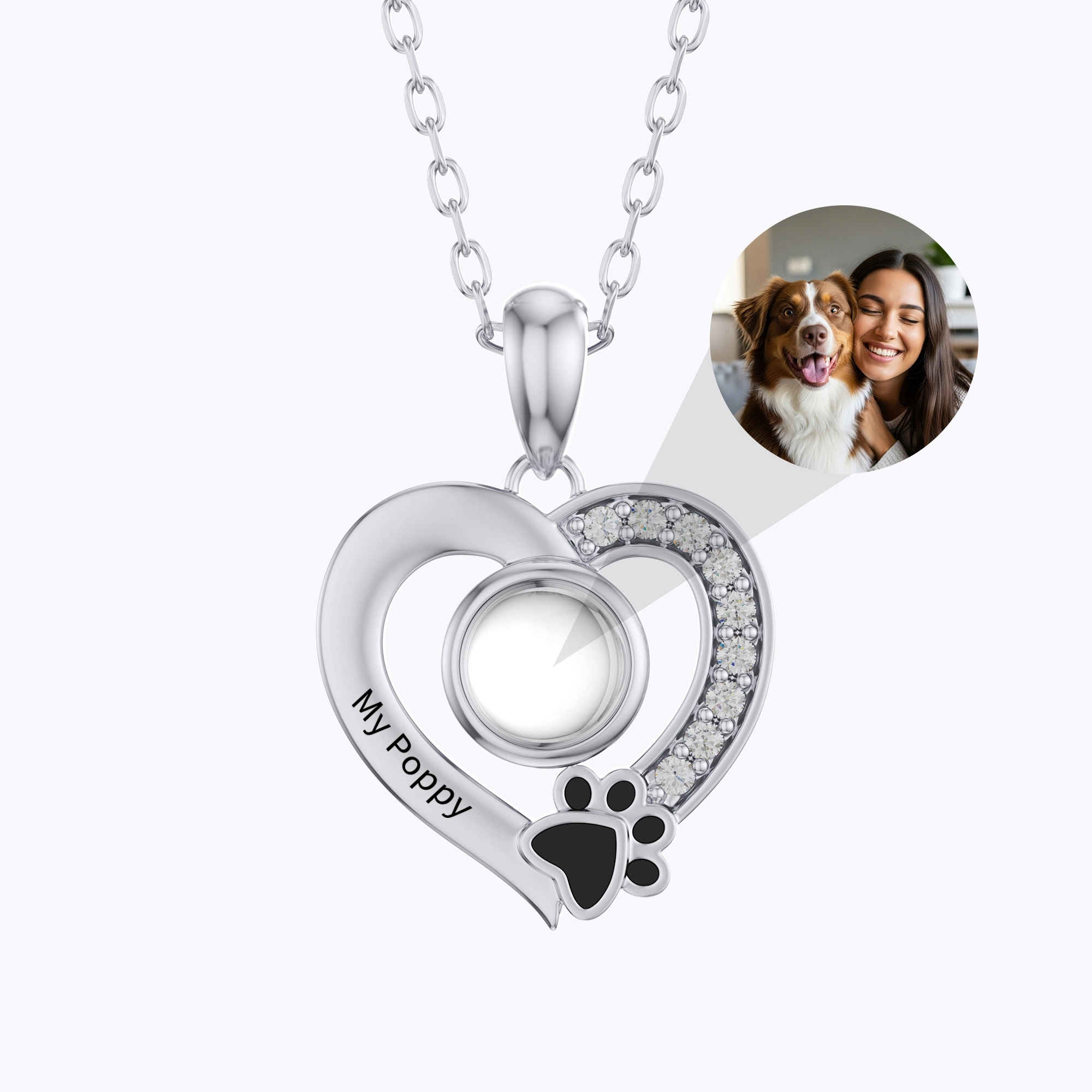Custom Photo Projection Heart Shape Pet Paw Print Necklace