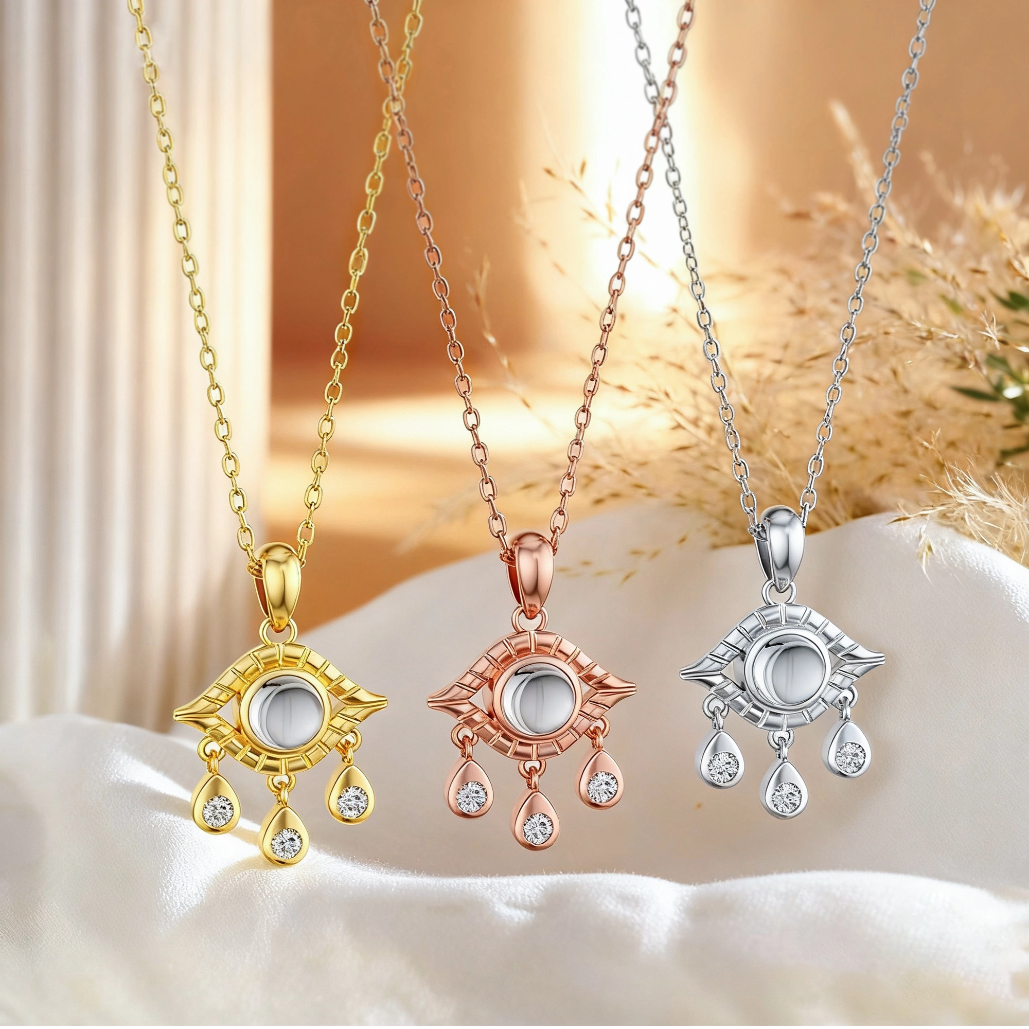 Custom Evil Eye Photo Projection Necklace with Crystal