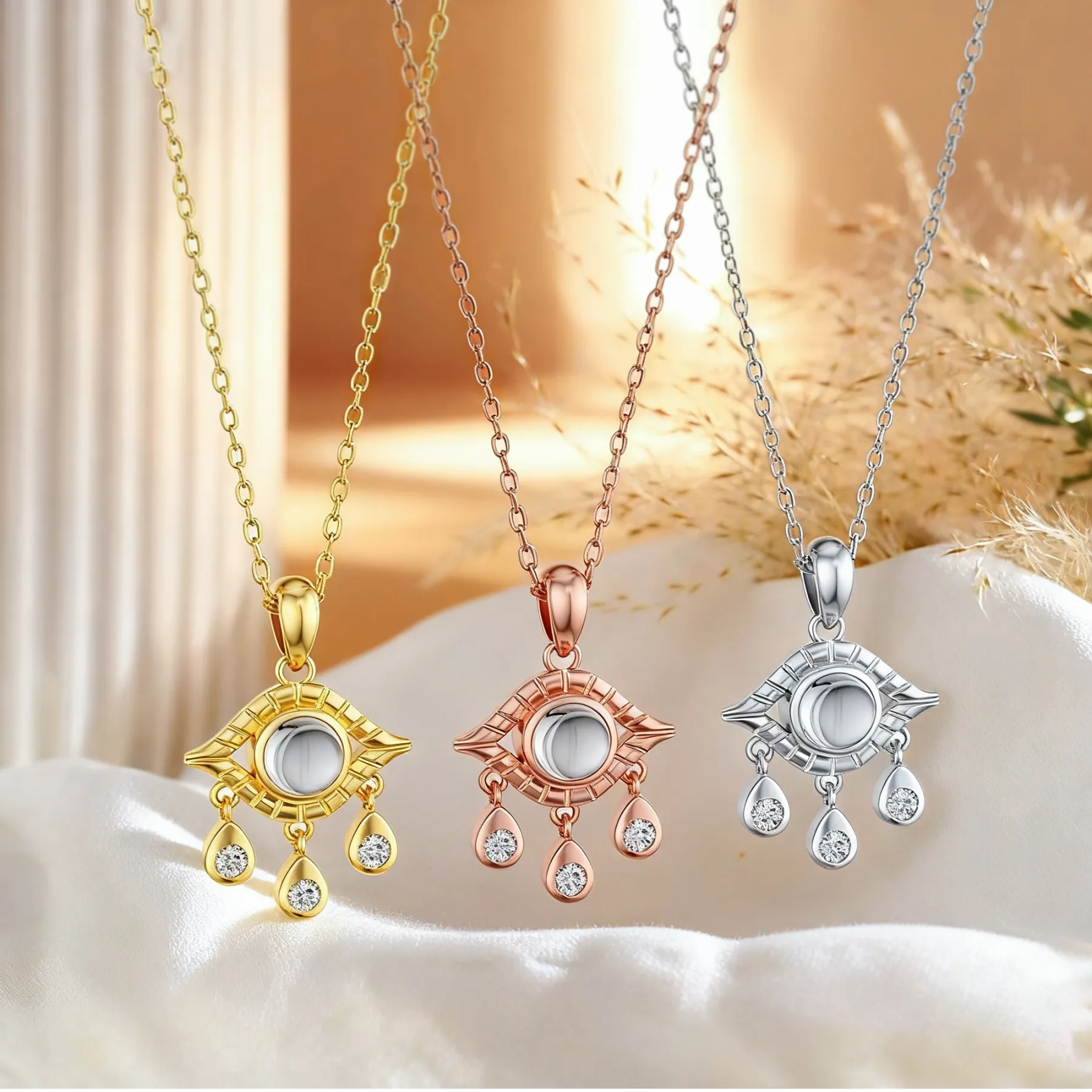 Custom Evil Eye Photo Projection Necklace with Crystal