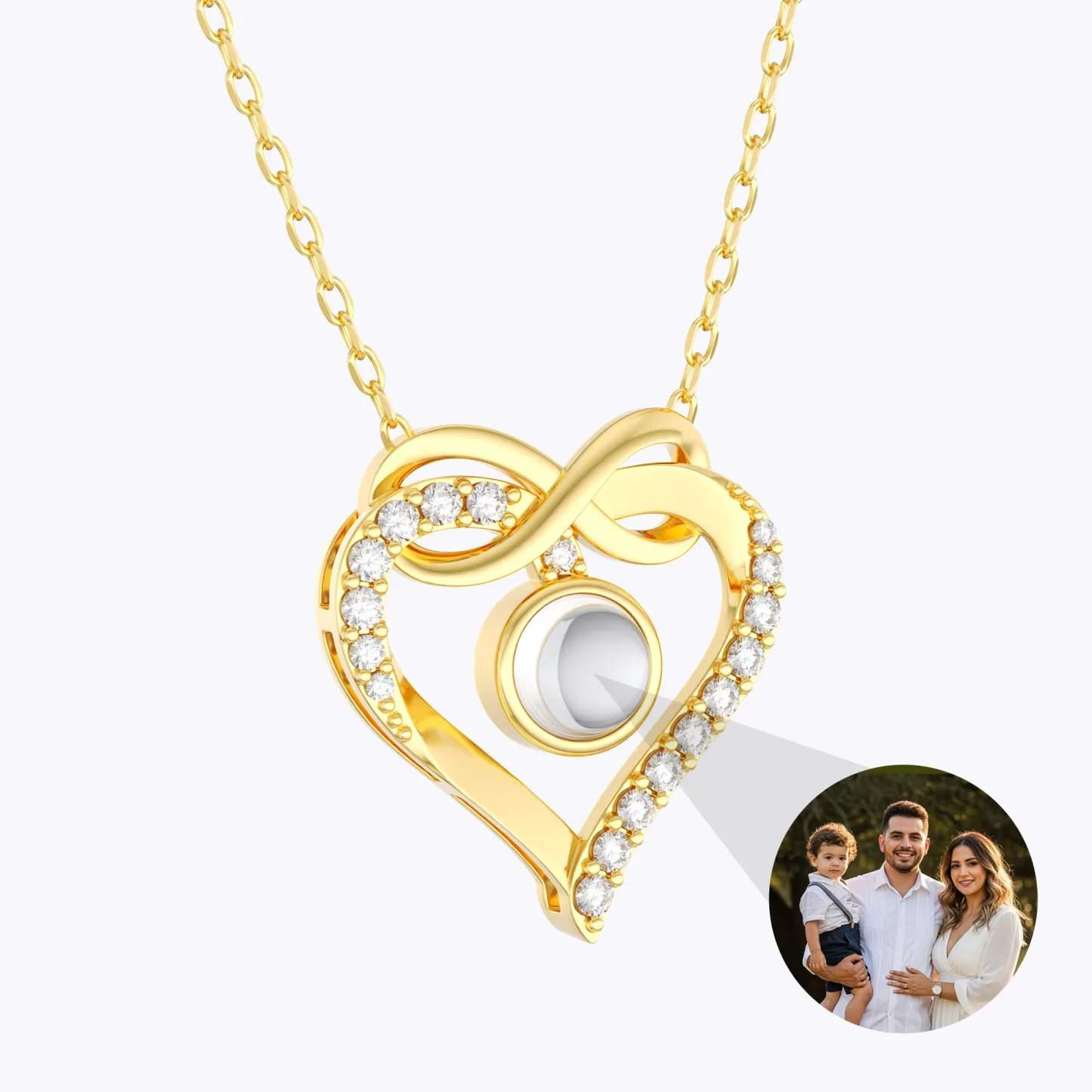 Custom Photo Projection Heart Shape Infinity Necklace with Pavé Accents