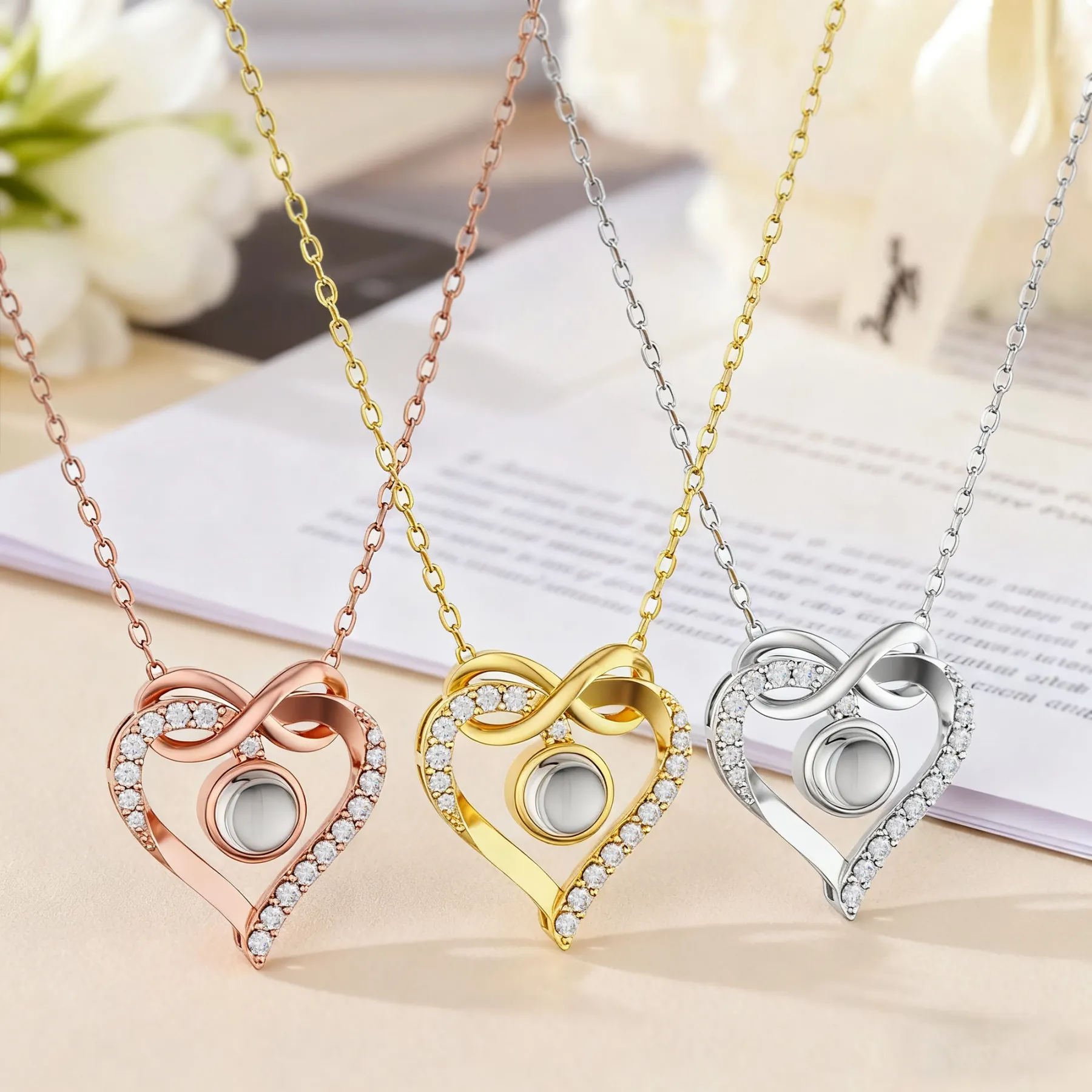 Custom Photo Projection Heart Shape Infinity Necklace with Pavé Accents