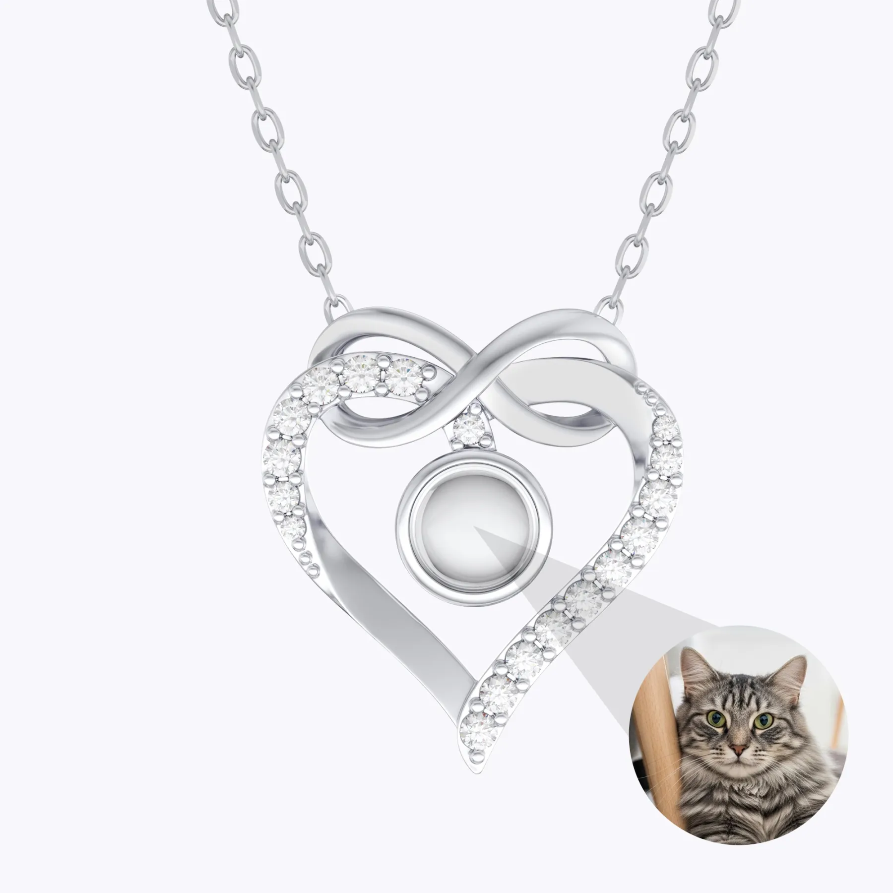 Custom Photo Projection Heart Shape Infinity Necklace with Pavé Accents