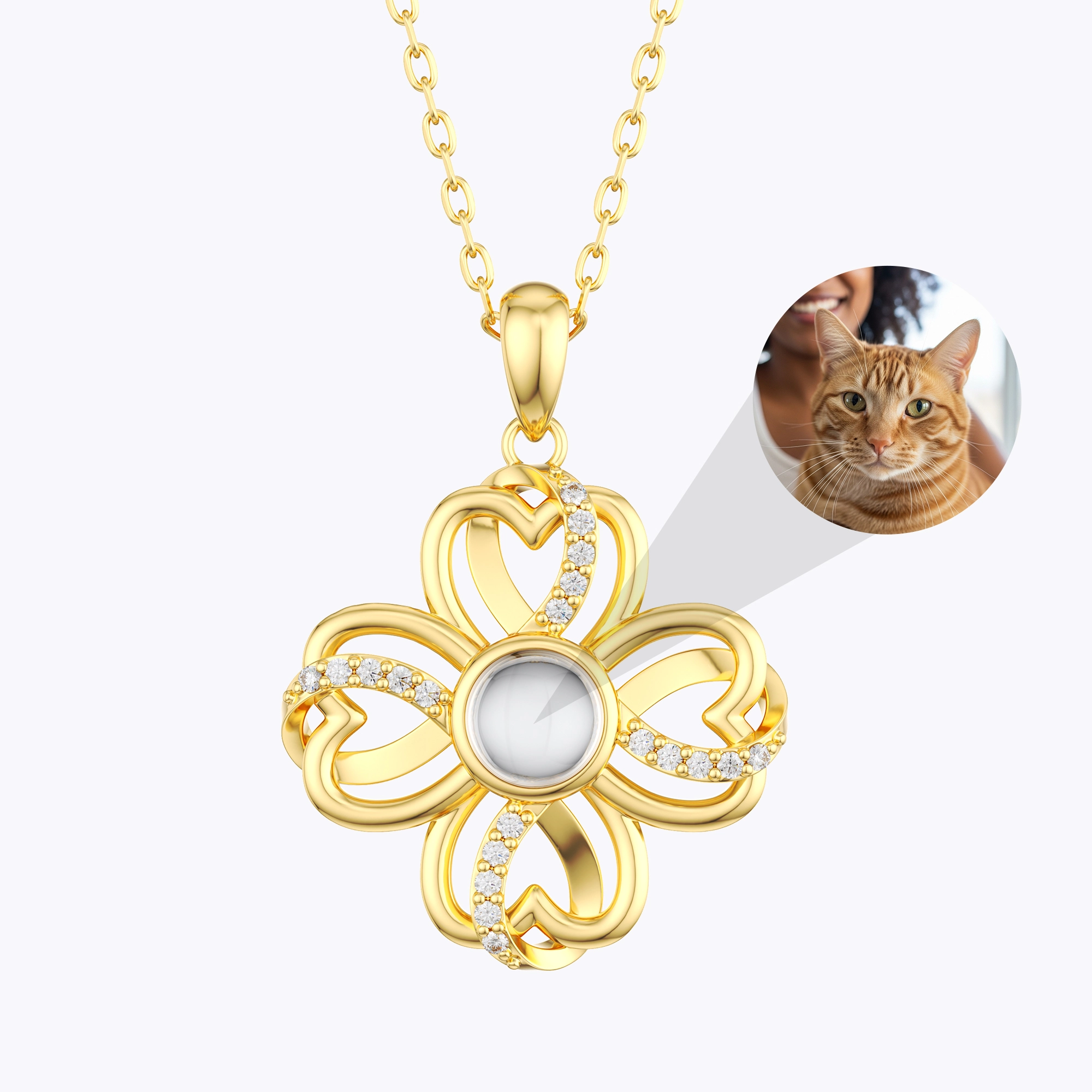 Custom Photo Projection Lucky Clover Necklace with Pavé Accents