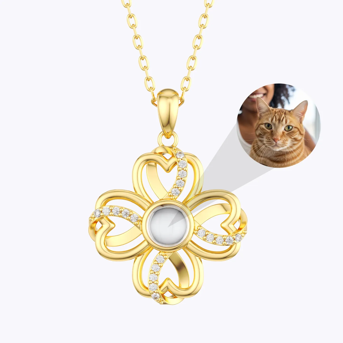 Custom Photo Projection Lucky Clover Necklace with Pavé Accents