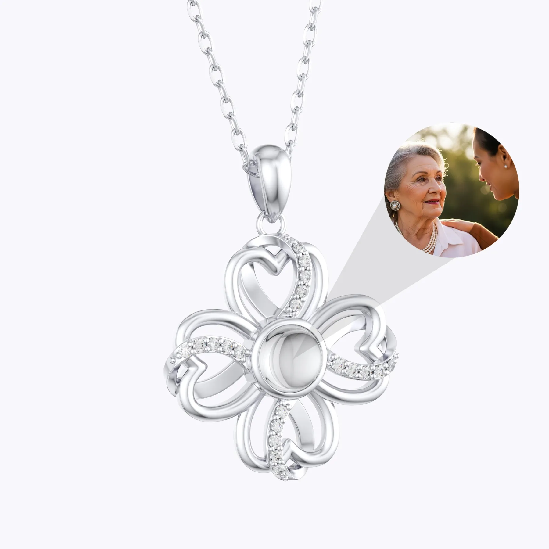 Custom Photo Projection Lucky Clover Necklace with Pavé Accents