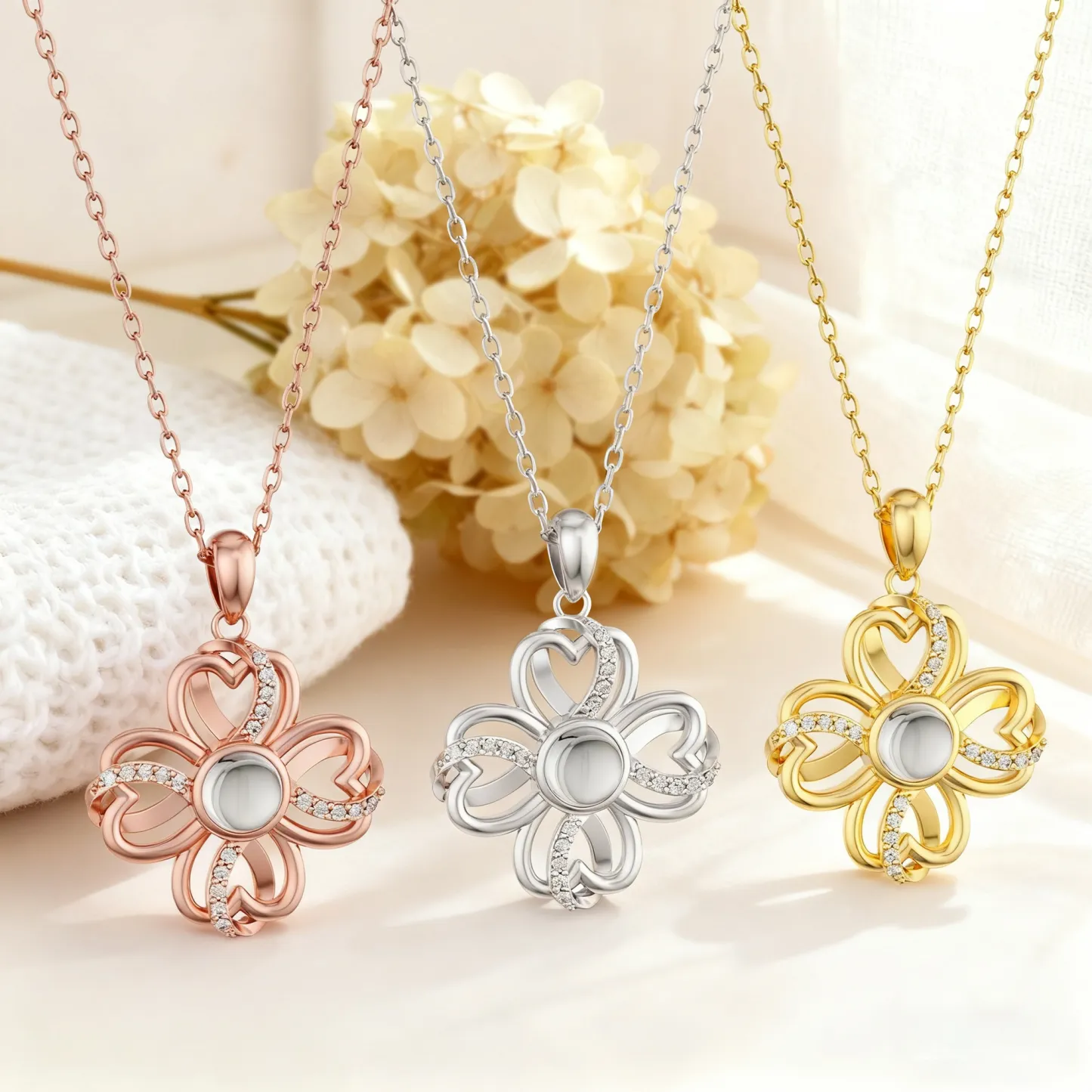 Custom Photo Projection Lucky Clover Necklace with Pavé Accents