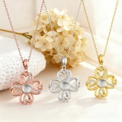 Custom Photo Projection Lucky Clover Necklace with Pavé Accents