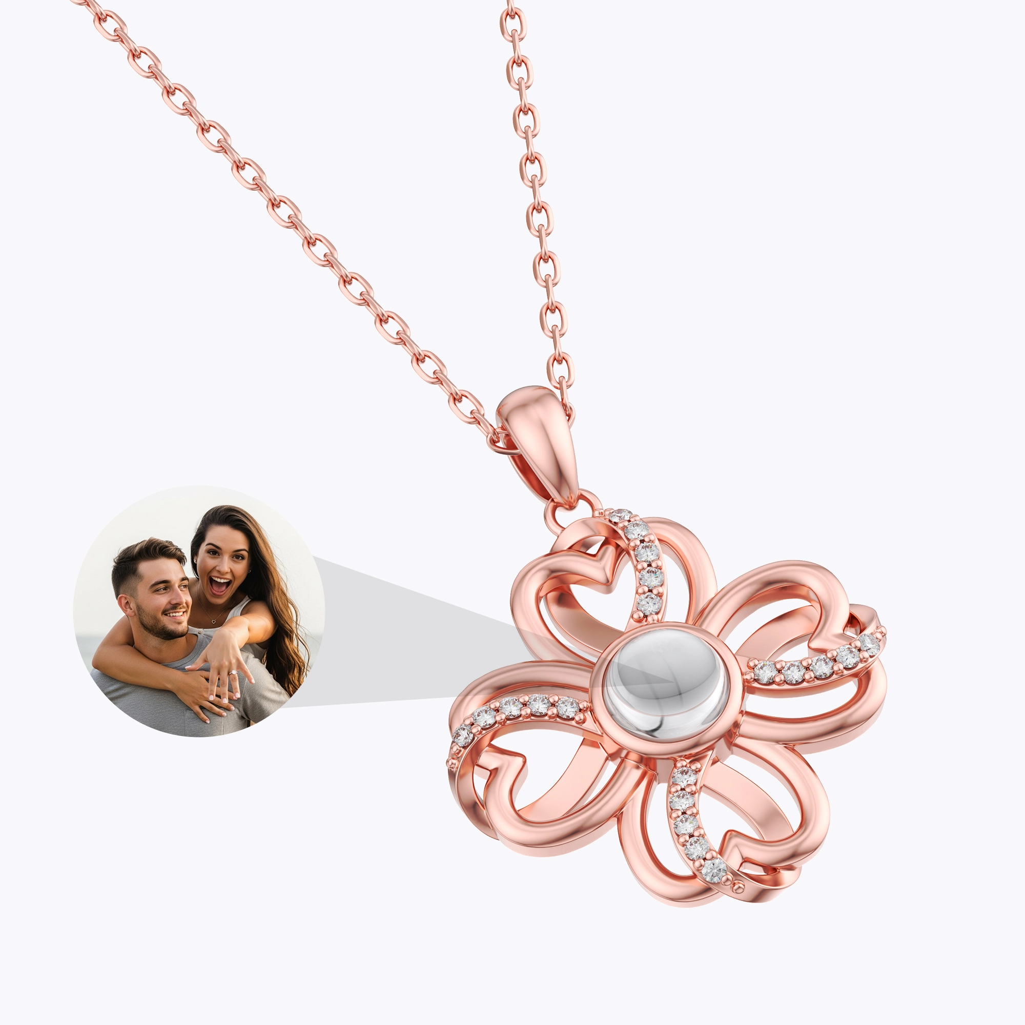 Custom Photo Projection Lucky Clover Necklace with Pavé Accents