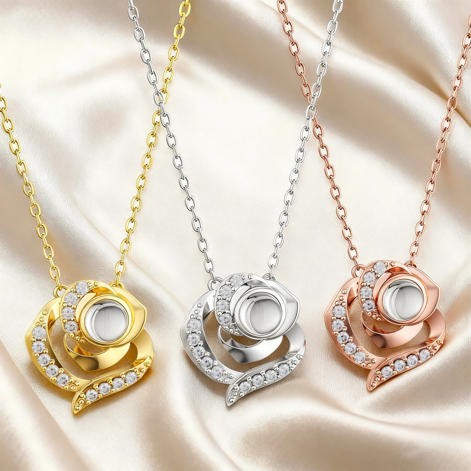 Custom Photo Projection Rose Necklace with Pavé Accents
