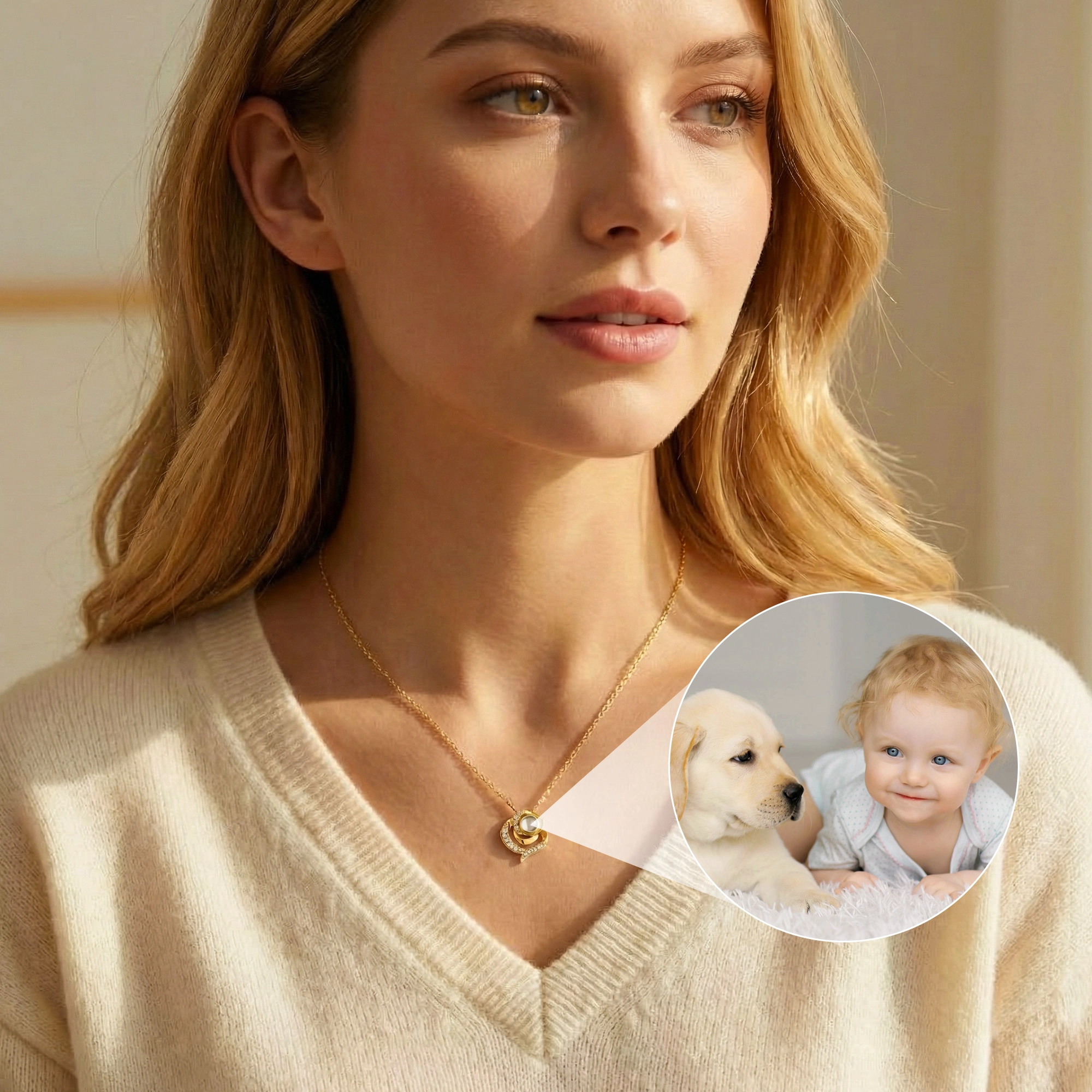 Custom Photo Projection Rose Necklace with Pavé Accents