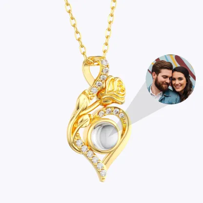 Custom Photo Projection Rose Heart Shape Necklace with Pavé Accents