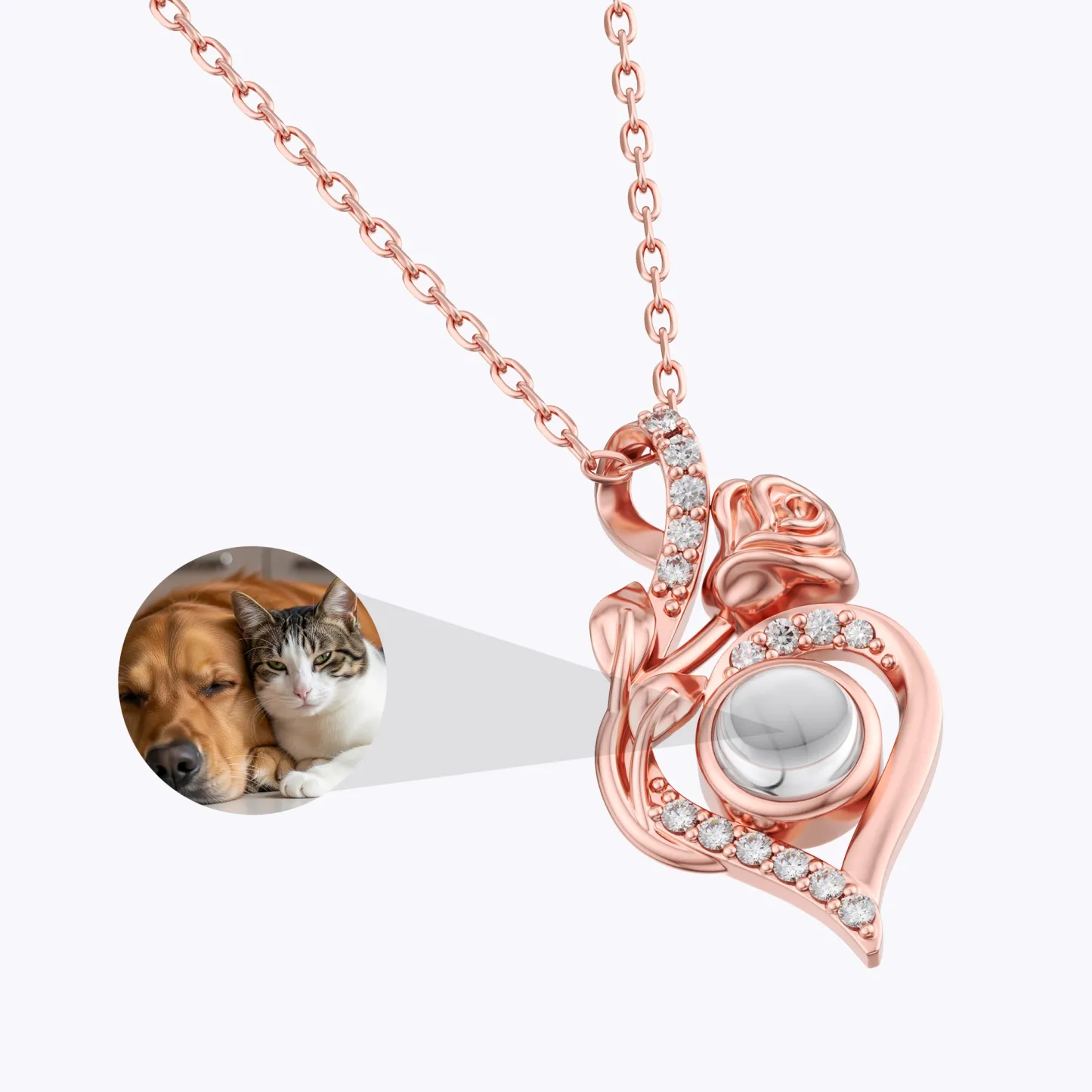 Custom Photo Projection Rose Heart Shape Necklace with Pavé Accents