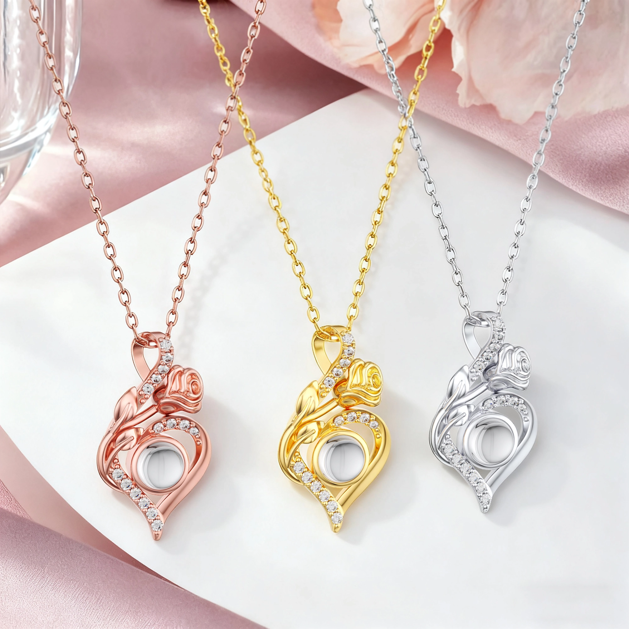 Custom Photo Projection Rose Heart Shape Necklace with Pavé Accents