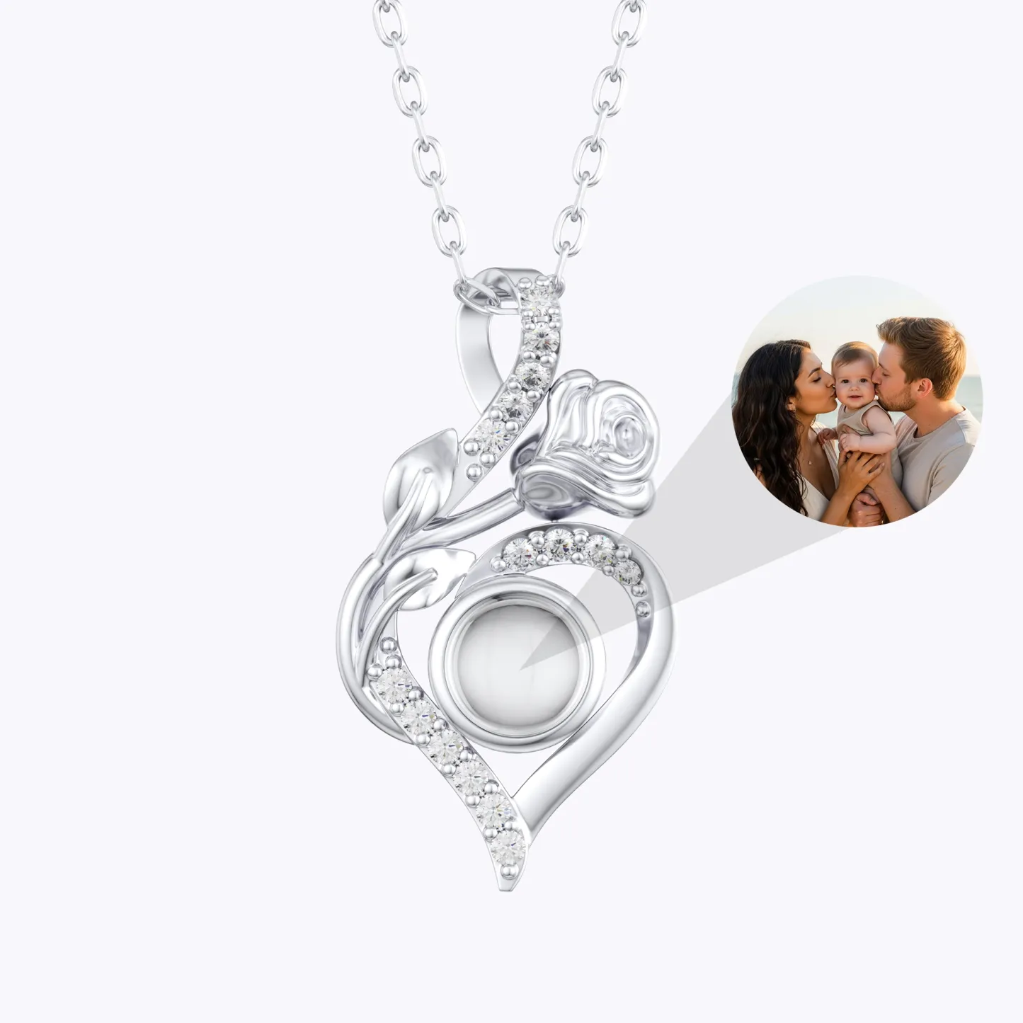 Custom Photo Projection Rose Heart Shape Necklace with Pavé Accents