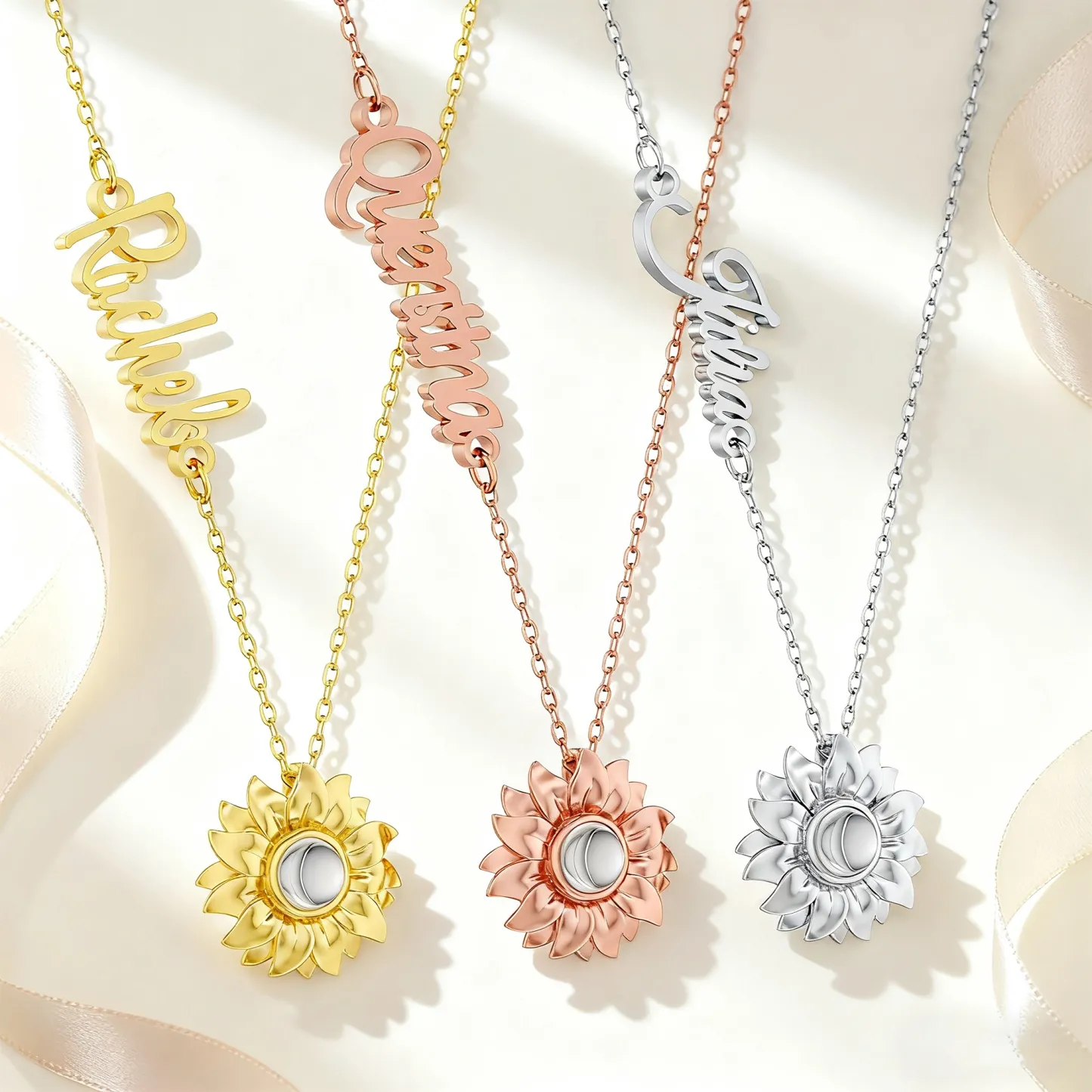 Custom Photo Projection Sunflower Name Necklace