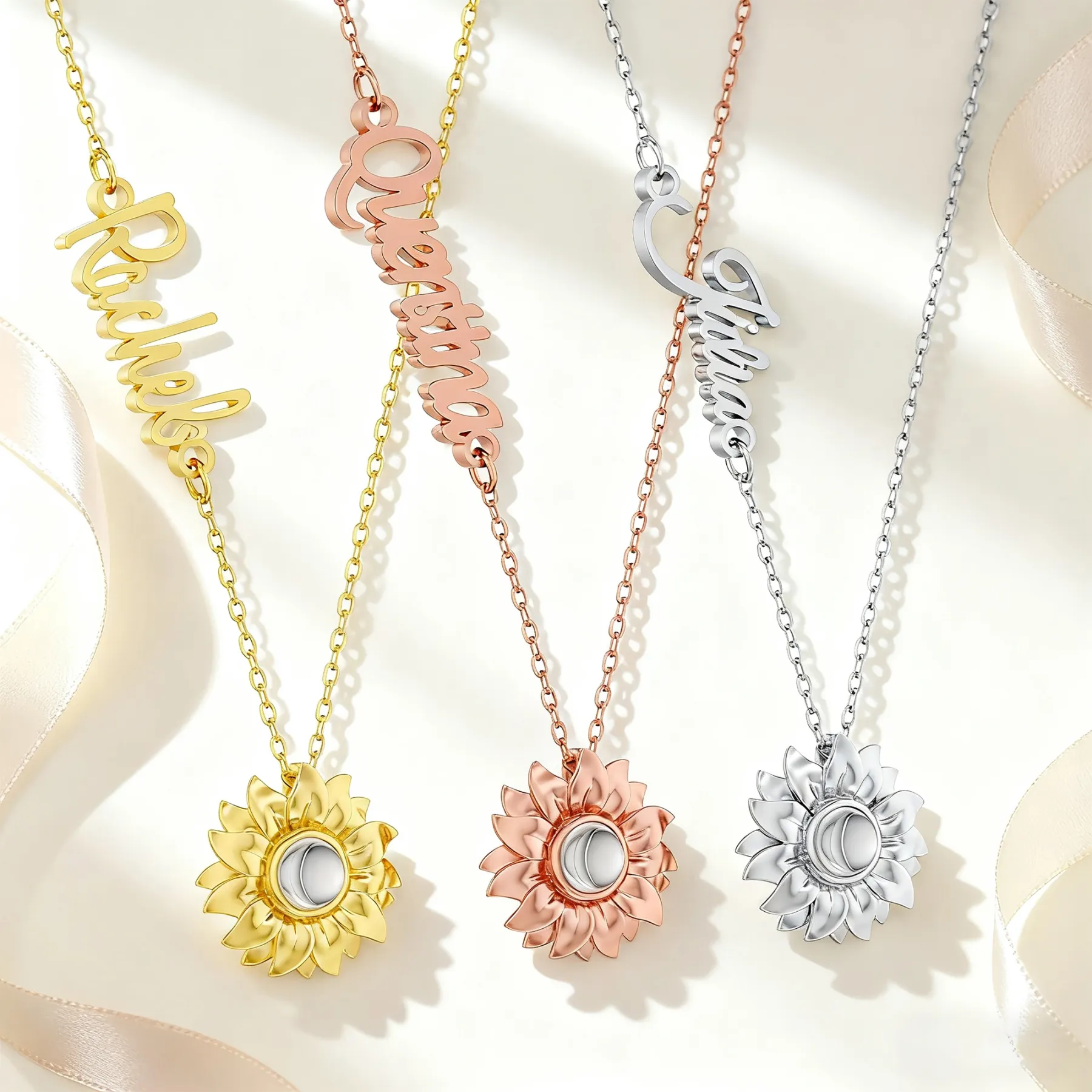 Custom Photo Projection Sunflower Name Necklace