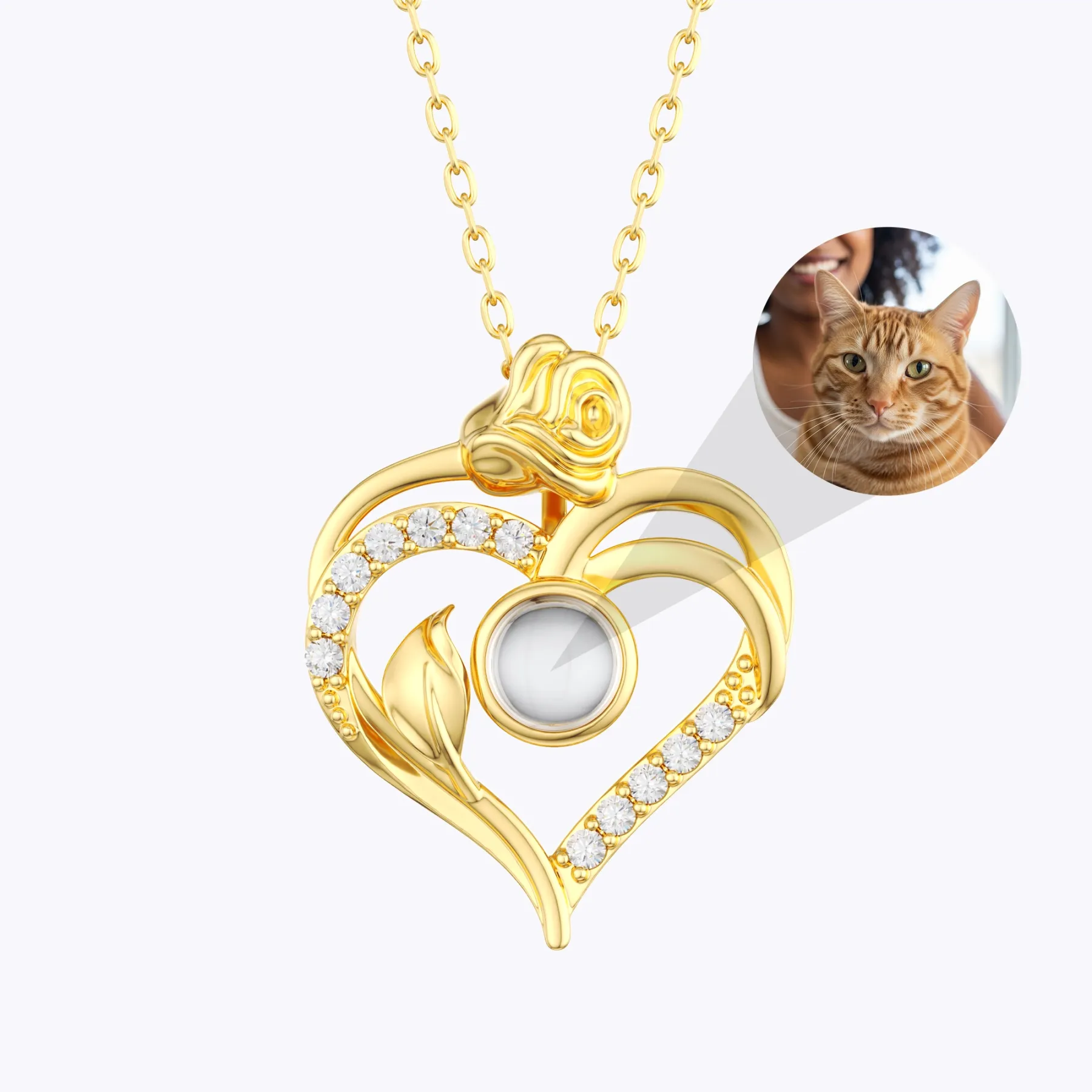 Custom Photo Projection Heart Shape Rose Necklace with Pavé Accents