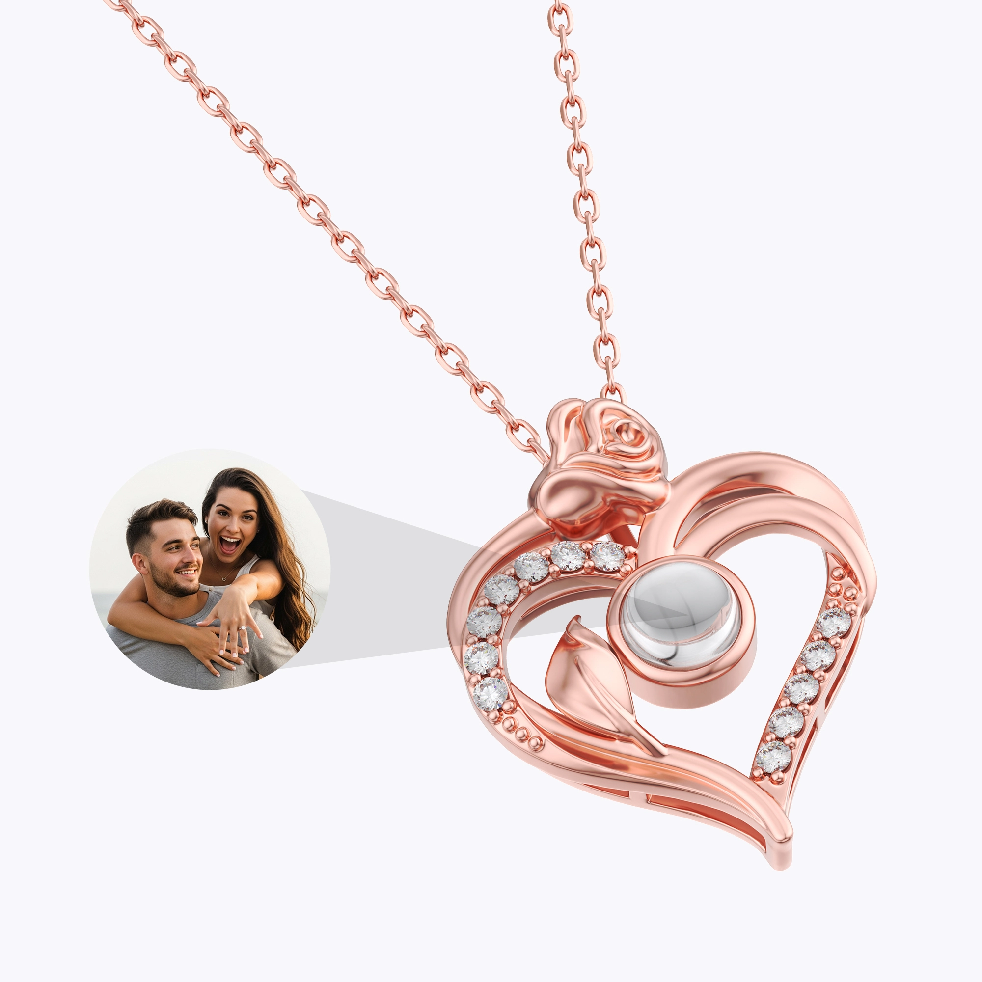Custom Photo Projection Heart Shape Rose Necklace with Pavé Accents