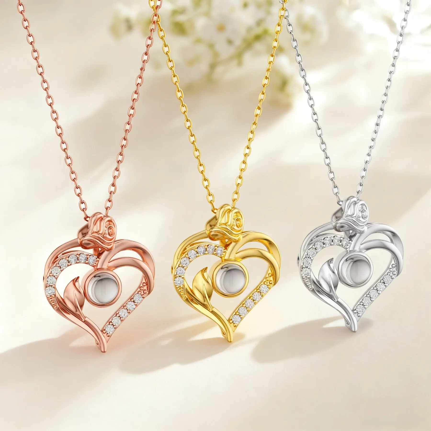 Custom Photo Projection Heart Shape Rose Necklace with Pavé Accents