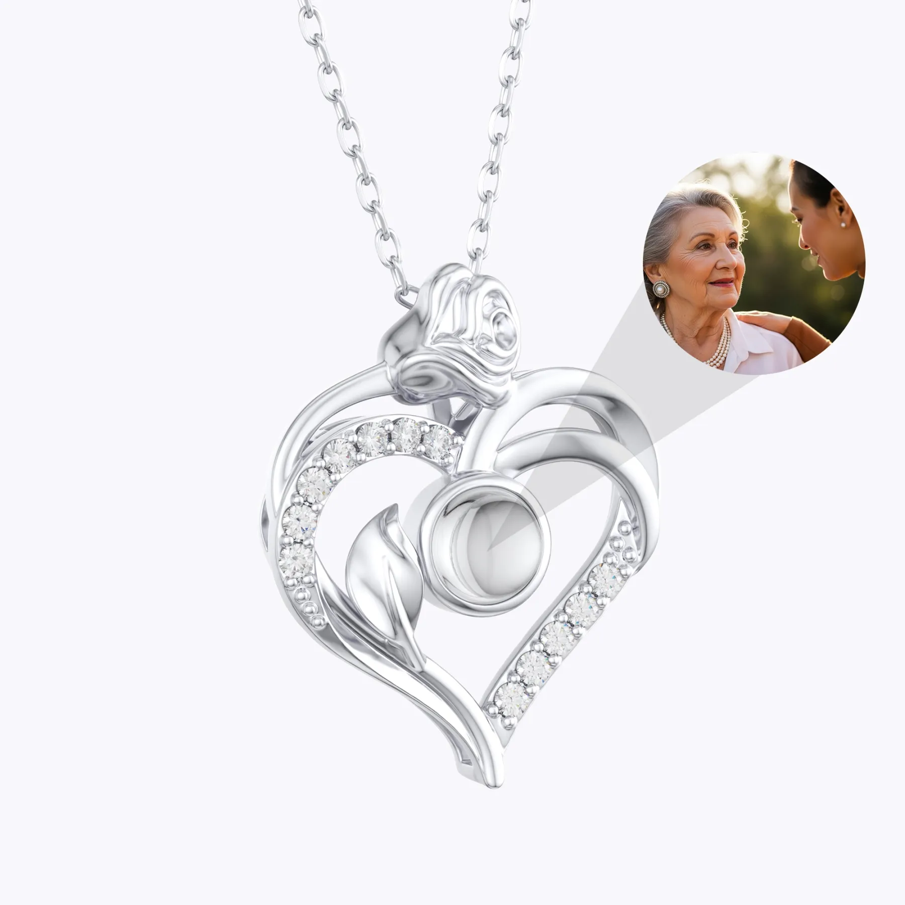 Custom Photo Projection Heart Shape Rose Necklace with Pavé Accents