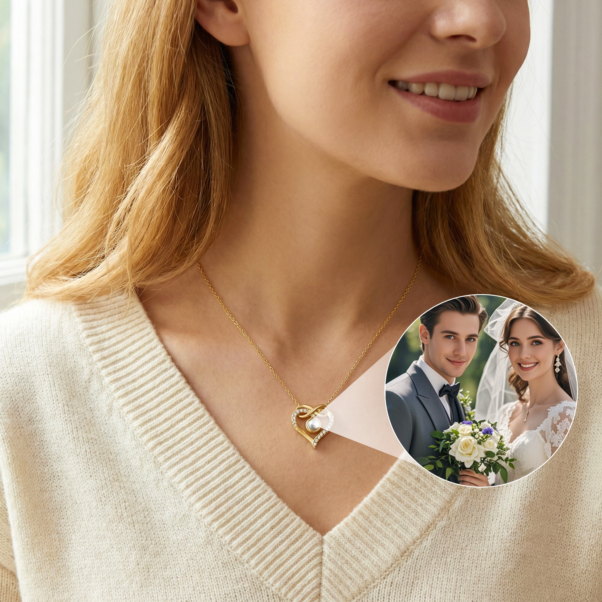 Custom Photo Projection Heart Shape Rose Necklace with Pavé Accents