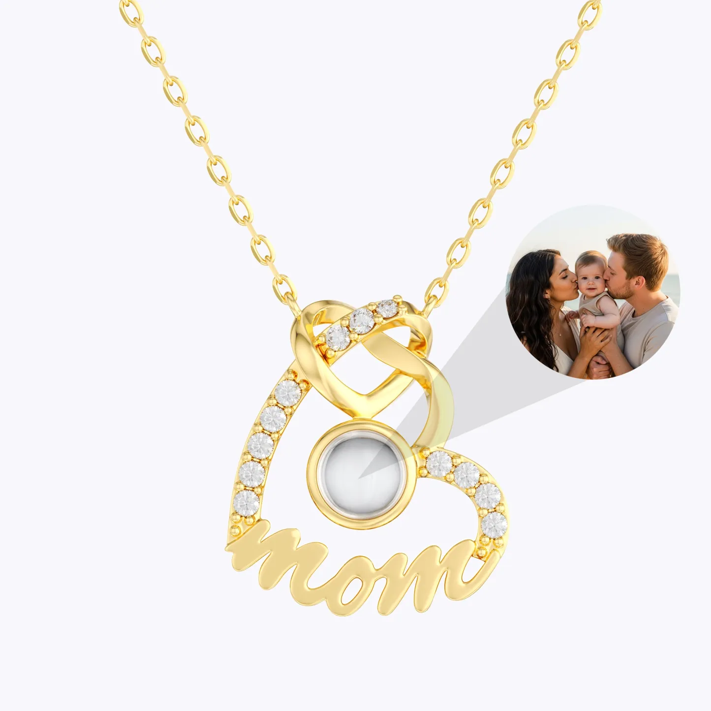 Custom Photo Projection Double Heart Shape Name Necklace with Pavé Accents