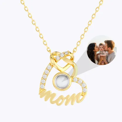 Custom Photo Projection Double Heart Shape Name Necklace with Pavé Accents