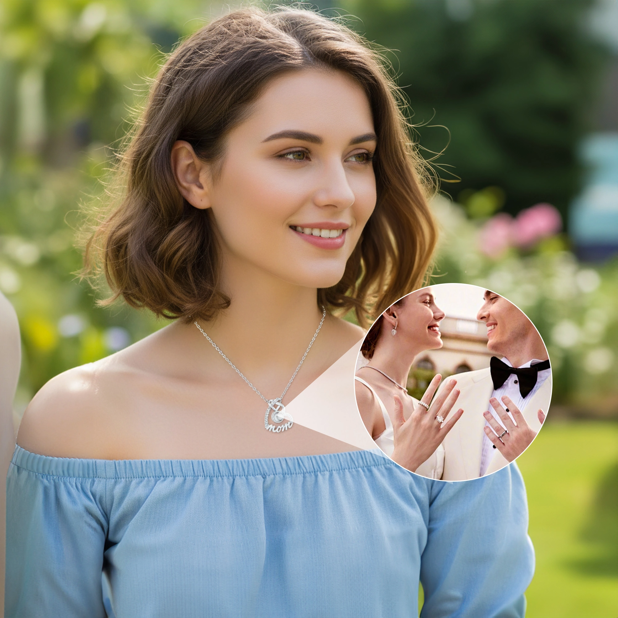Custom Photo Projection Double Heart Shape Name Necklace with Pavé Accents
