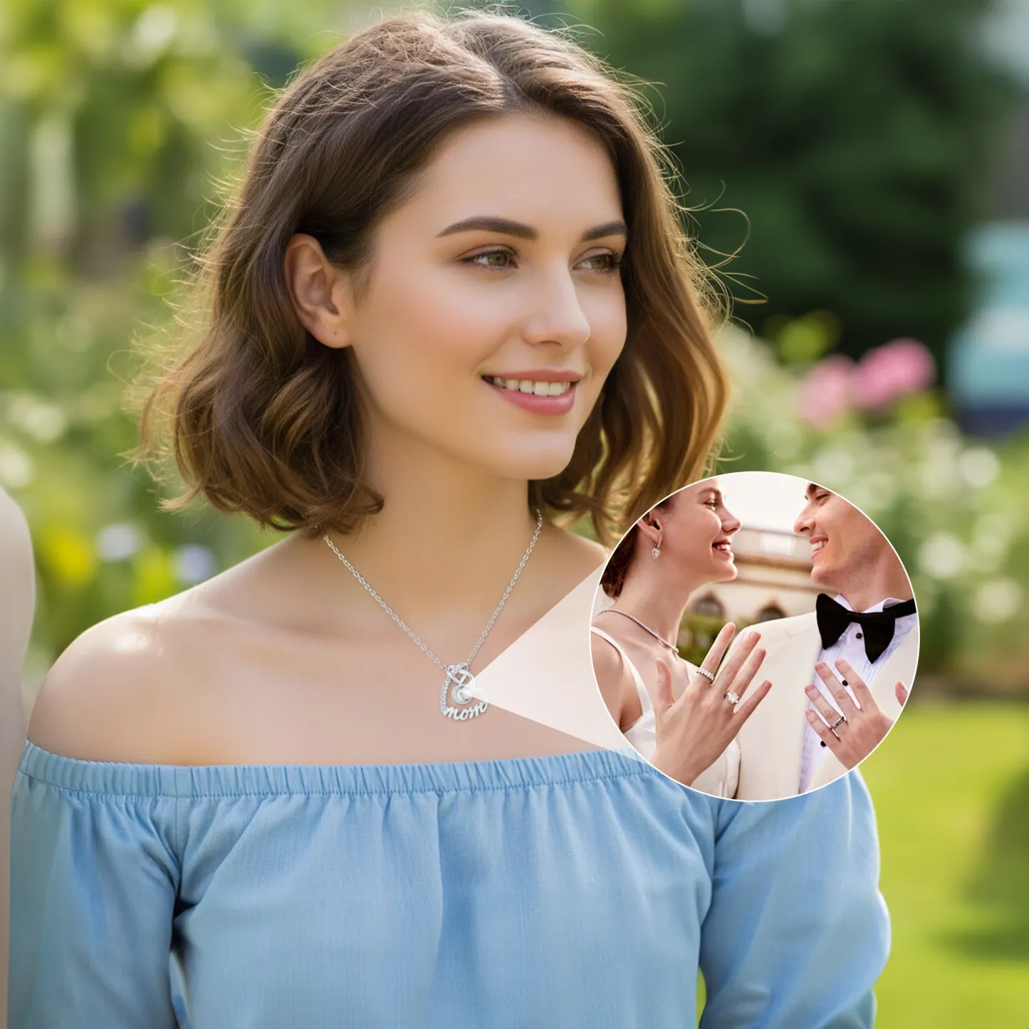 Custom Photo Projection Double Heart Shape Name Necklace with Pavé Accents
