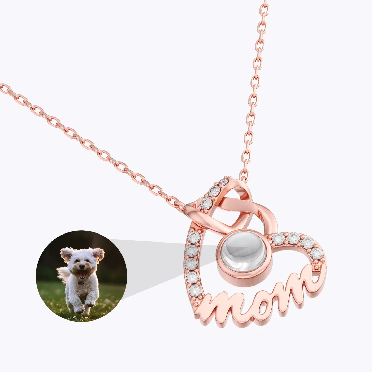 Custom Photo Projection Double Heart Shape Name Necklace with Pavé Accents